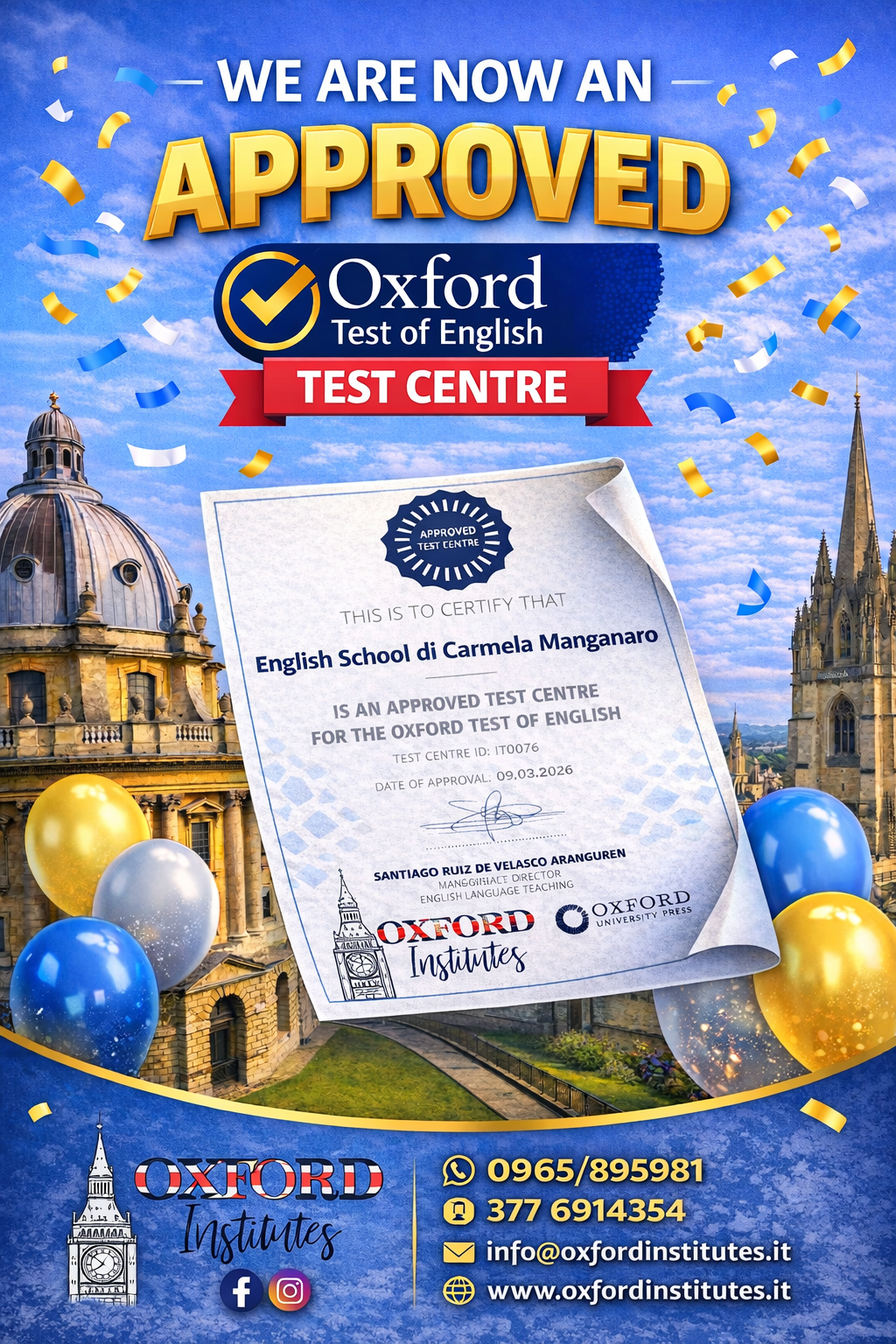 English School di Carmela Manganaro è ora Approved Oxford Test of English Test Centre